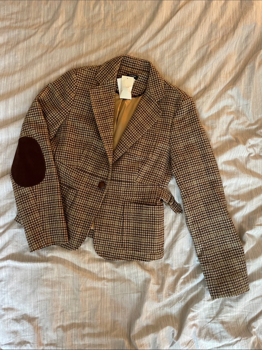 J. Crew Brown Houndstooth Tweed Blazer with Dark Brown Elbow Patches